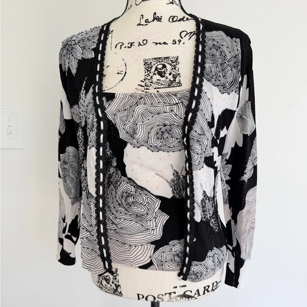 Alberto Makali Monochrome Floral Open Cardigan & Tank Top Set Sz M Romantic - Picture 5 of 16